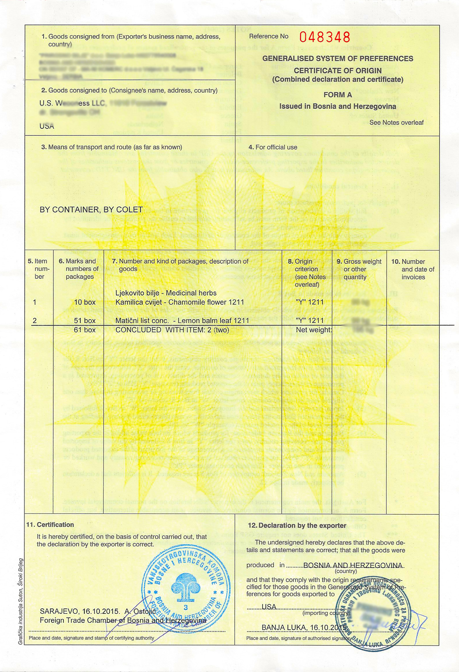 Bosnian From A Certificate Of Origin