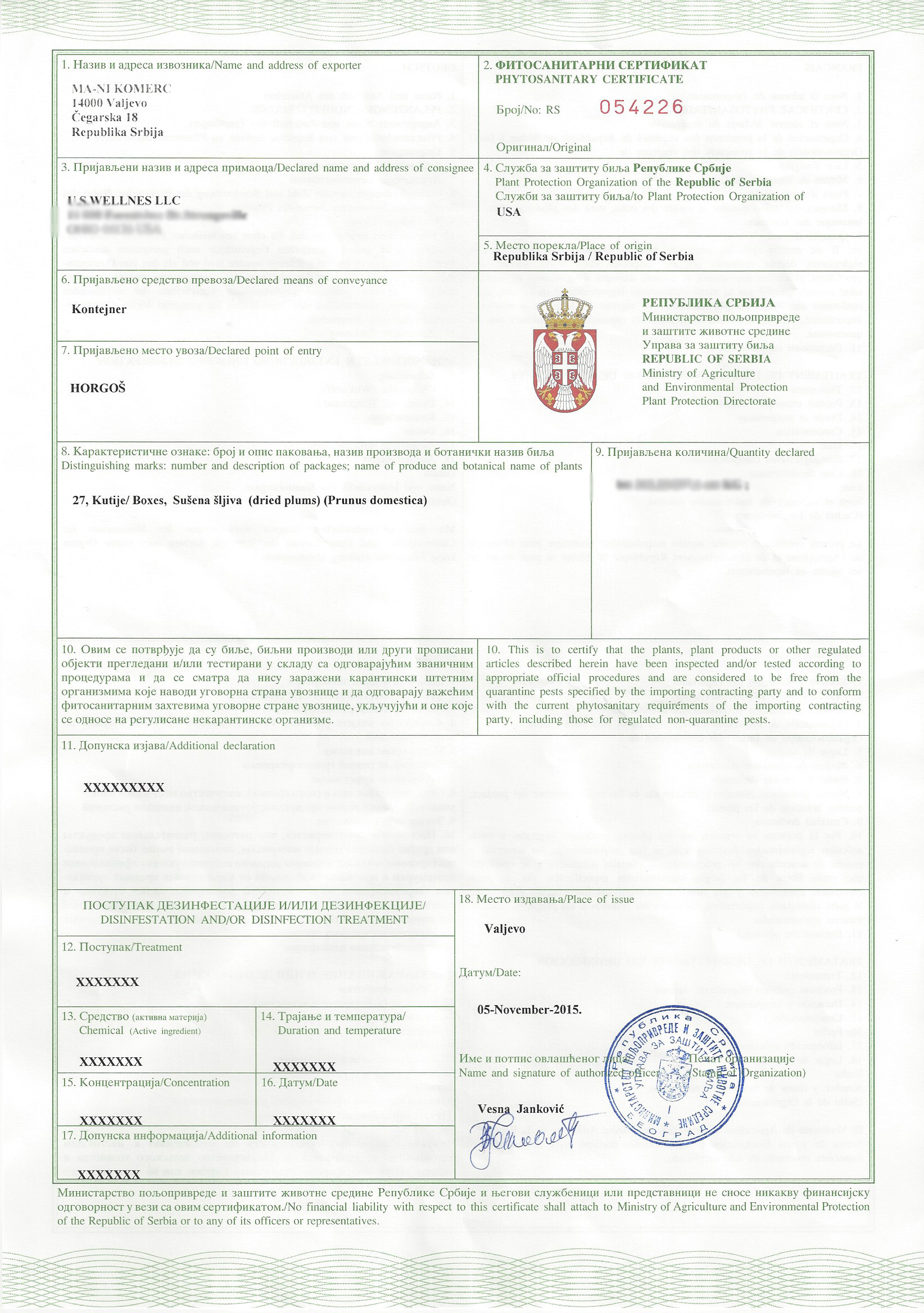 Phytosanitary certificate fro Serbian Prunes