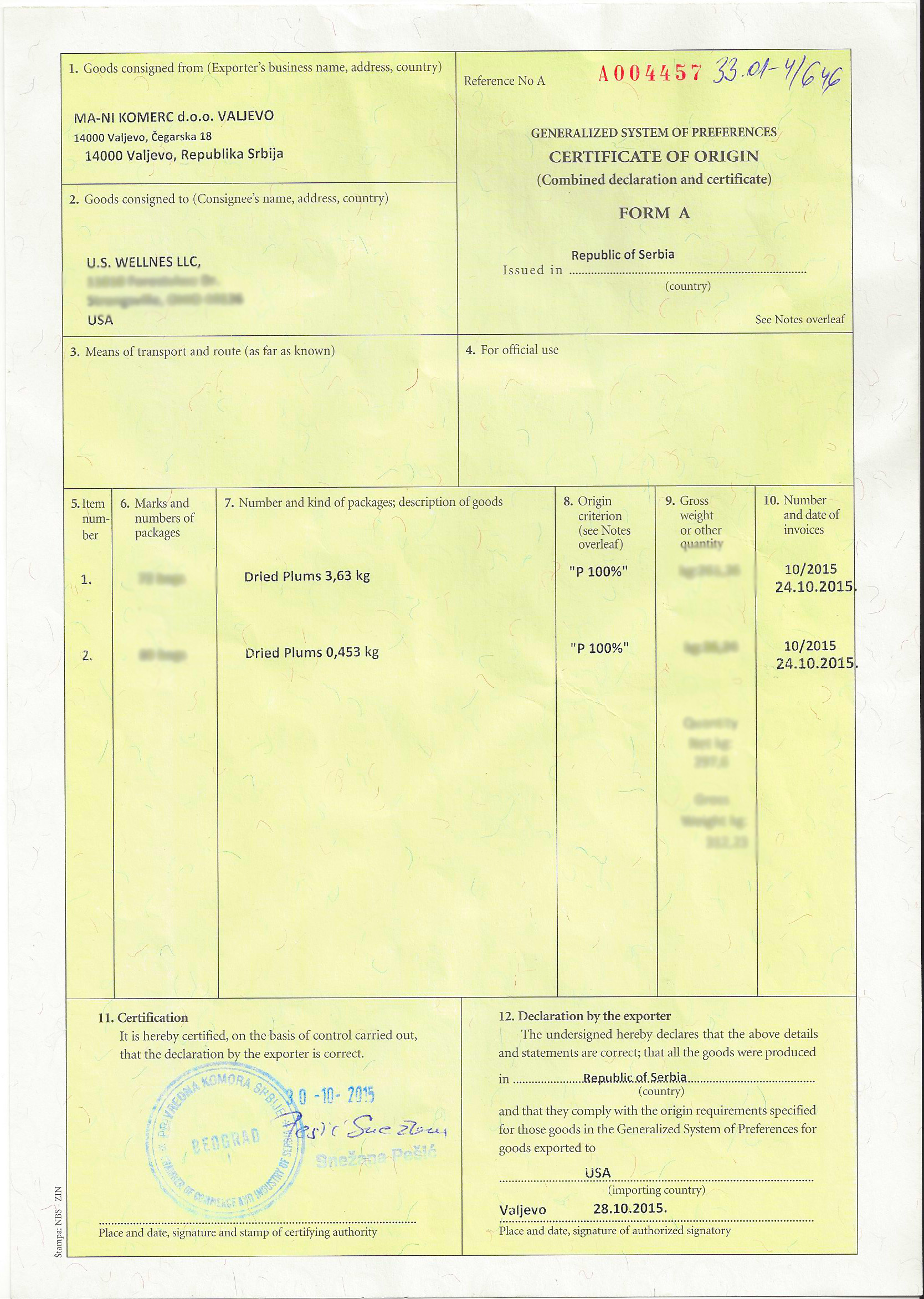 Serbian Prunes Certificate Of Origin