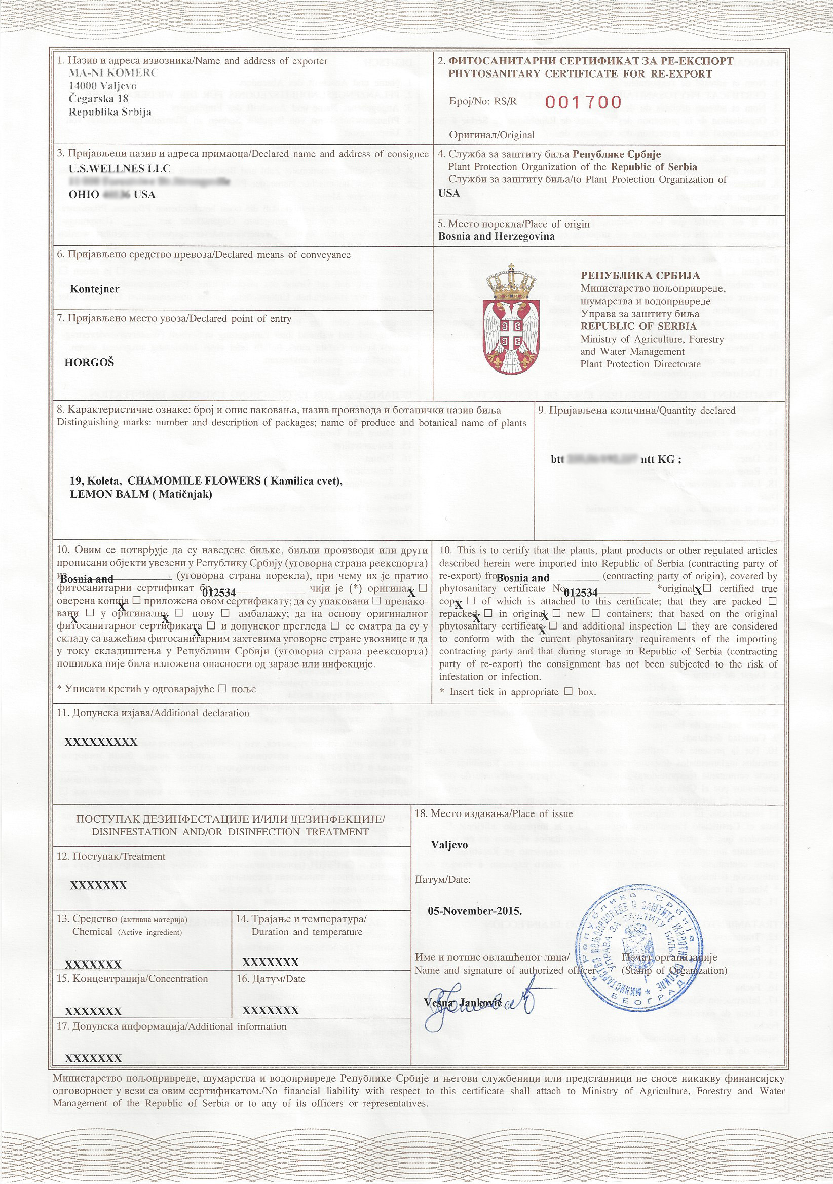 Phytosanitary certificate for CHamomile tea from Bosnia 